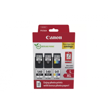 Pachet cartuse cerneala Canon Photo Value Pack 5224B015AA, 2x PG-540L Negru, 1x CL-541XL Color + 50 Coli foto 10x15 cm