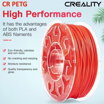 CREALITY CR PETG 3D Printer Filament, red, Printing temperature: 230-250°C, Filament diameter: 1.75mm, Tensile strength: 49MPa, Size of filament wheel: Diameter 200mm, height 66mm, hole diameter 53mm. Eco-friendly, odorless, non-toxic. Utilizare: pana la