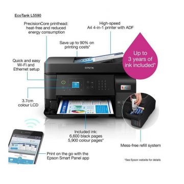 EPSON L5590 CISS COLOR INKJET MFP Multifunctional inkjet color CISS Epson L5590, (Print, Copy, Scan, Fax) dimensiune A4, 4 culori, viteza max  15ppm alb-negru, 8ppm color, rezolutie