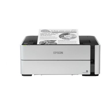 Imprimanta inkjet mono CISS Epson M1180, dimensiune A4, viteza max 39 ppm, Duplex, rezolutie printer 1200x2400dpi, alimentare hartie 250 coli, interfata: USB, Ethernet, WiFi, Wi-Fi Direct, consumabile: C13T03P14A ( 120ml) , doua recipiente de cerneala