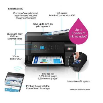 Multifunctional inkjet color CISS Epson L5590, (Print, Copy, Scan, Fax) dimensiune A4, 4 culori, viteza max 15ppm alb-negru, 8ppm color, rezolutie 1200x2400dpi, alimentare hartie 100 coli + 30 coli ADF, Scanner CIS, 5ipm, Fax: 33.6kbps / Approx. 3