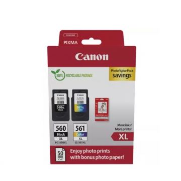 Canon pachet cartuse cearneala CANON PG-560XL/CL-561XL PHOTO VALUE PACK, capacitate negru: 400 pagini/16ml, Color: 300 pagini / 12.2ml, Compatibil cu: PIXMA TS5253, PIXMA TS5350, PIXMA TS5351, PIXMA TS5352, Bonus 50 coli hartie foto 10 x 15cm.